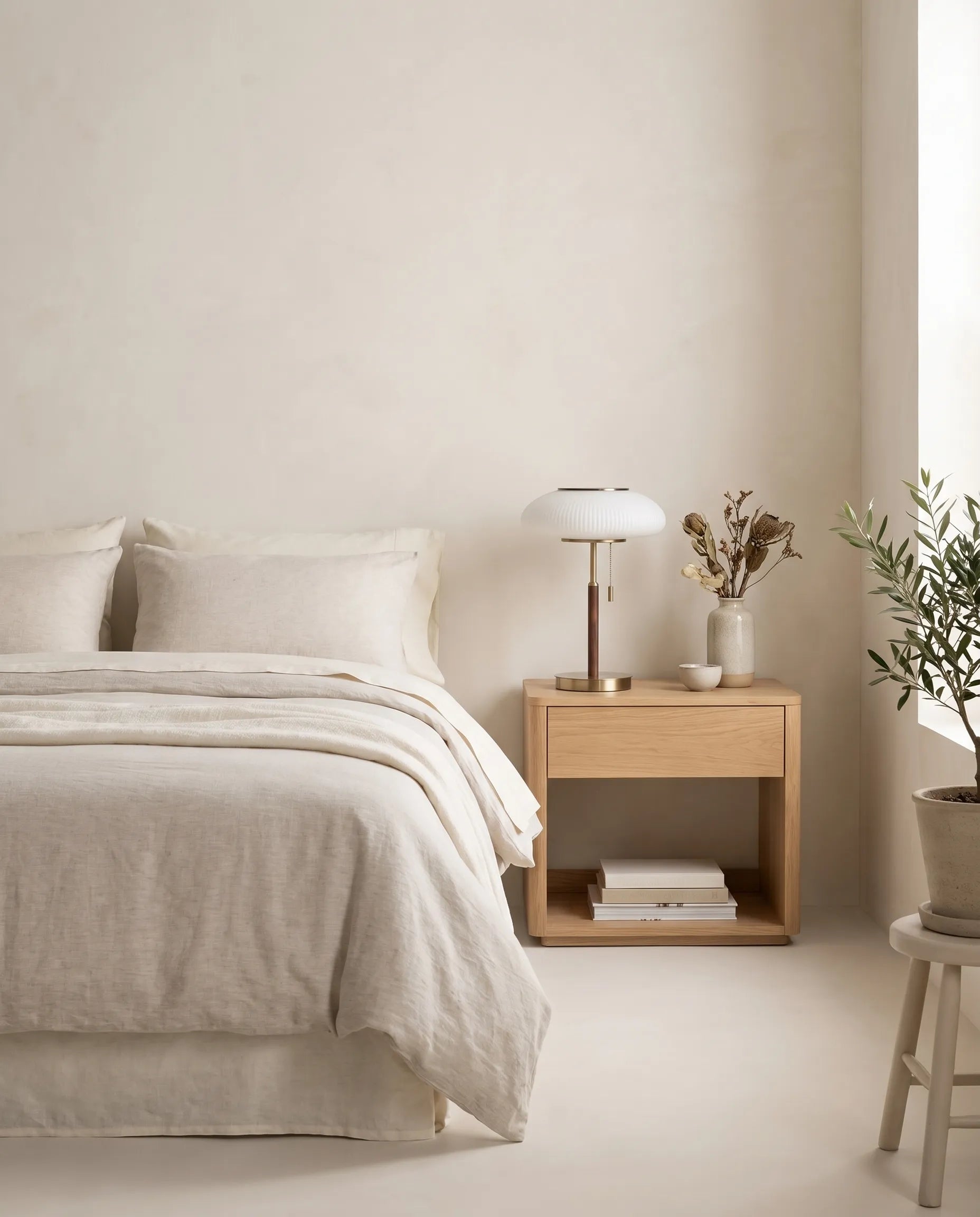 Atelier, lampe à poser en verre opalin et laiton, installé dans un intérieur cosy | Maison Beaurel