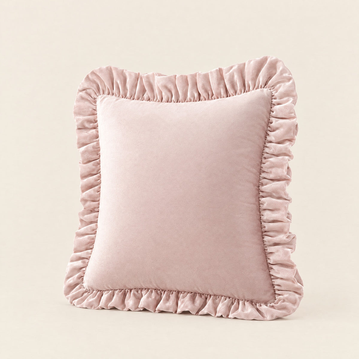 Housse de coussin RUCHE en velours à volant ruché, coloris Rose poudré