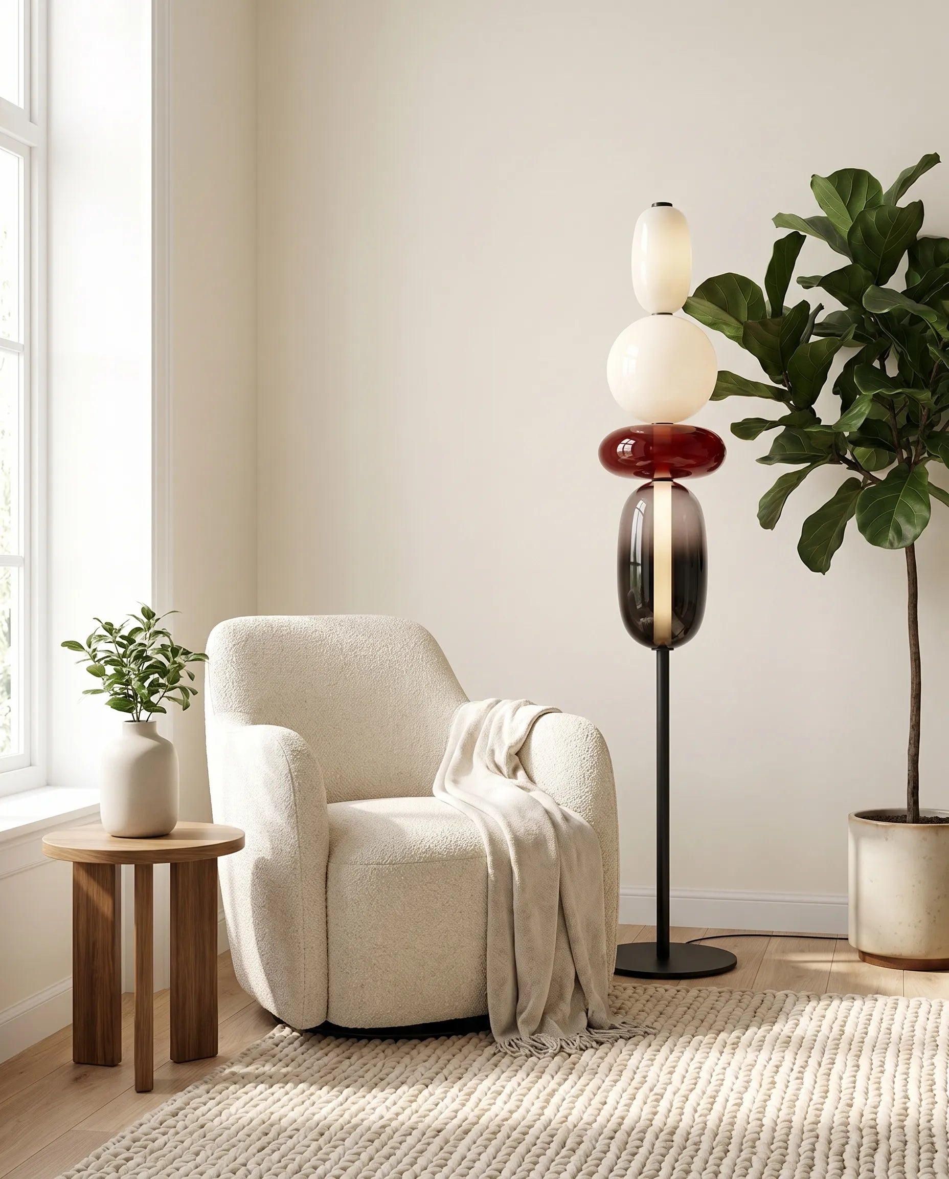 Murano, lampadaire en verre coloré, installé dans un coin lecture | Maison Beaurel