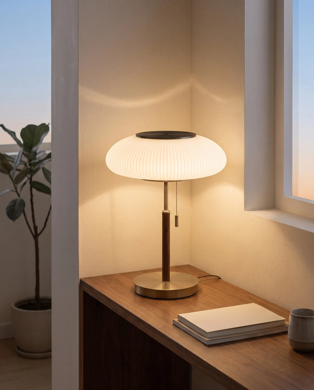 Atelier, lampe à poser en verre opalin et laiton, allumé pour une ambiance lumineuse chaleureuse | Maison Beaurel
