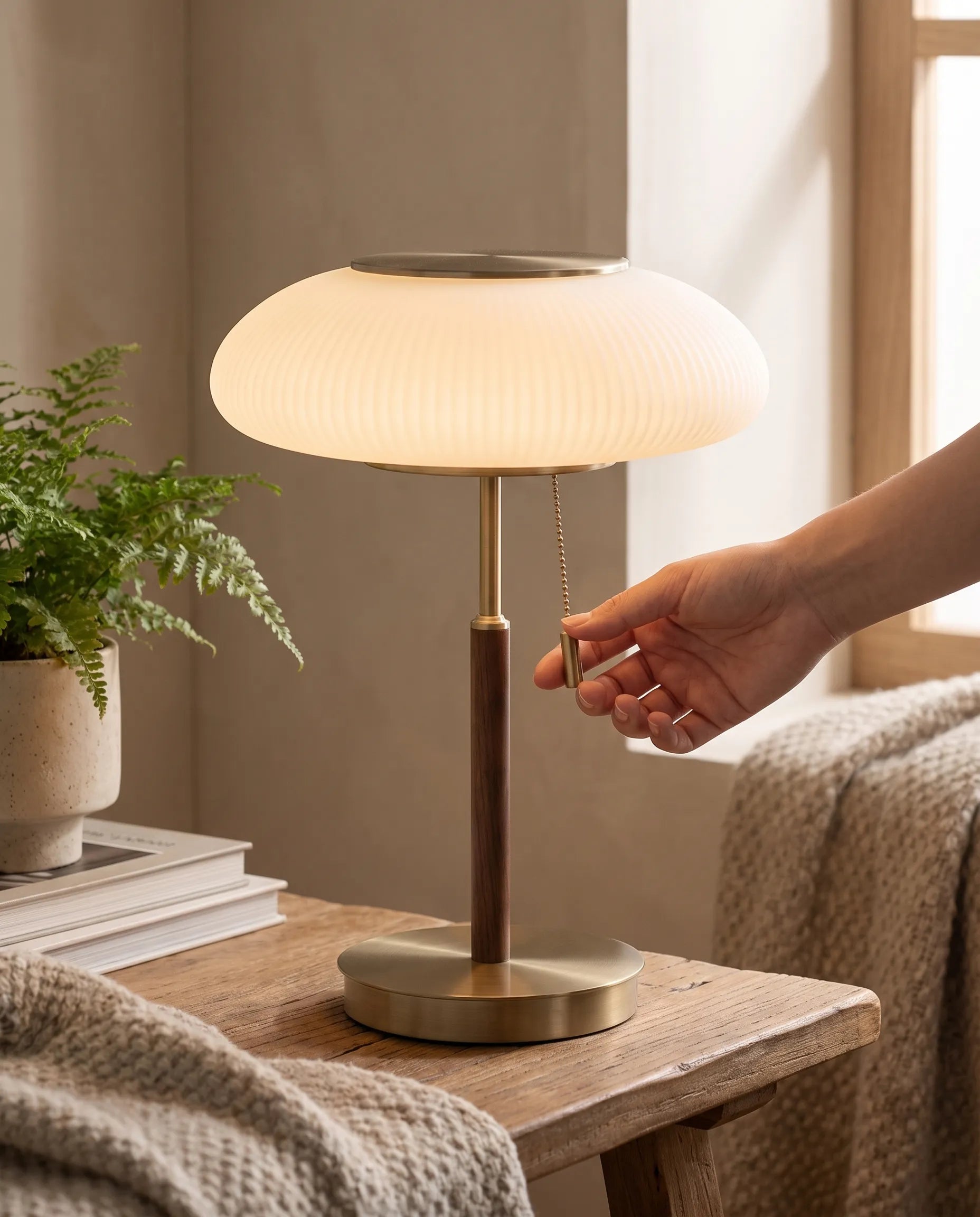 Atelier, lampe à poser en verre opalin et laiton — détail de la fixation et de l'interrupteur | Maison Beaurel