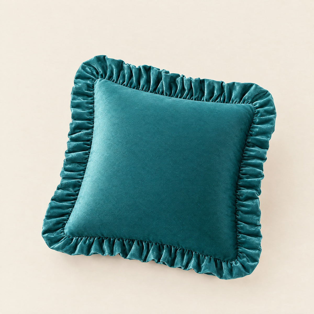 Housse de coussin RUCHE en velours à volant ruché, coloris Bleu canard