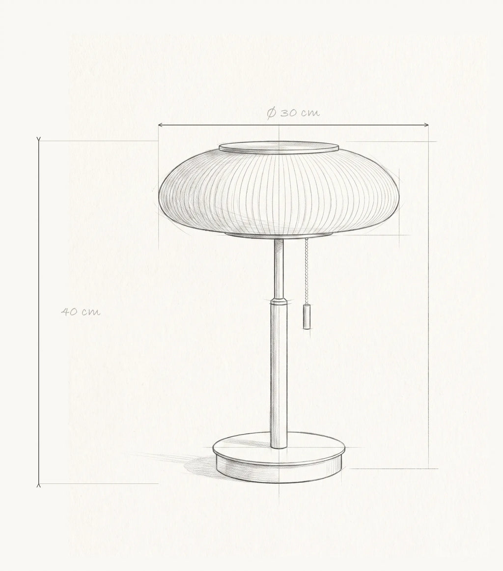Schéma technique et dimensions — Atelier, lampe à poser en verre opalin et laiton | Maison Beaurel