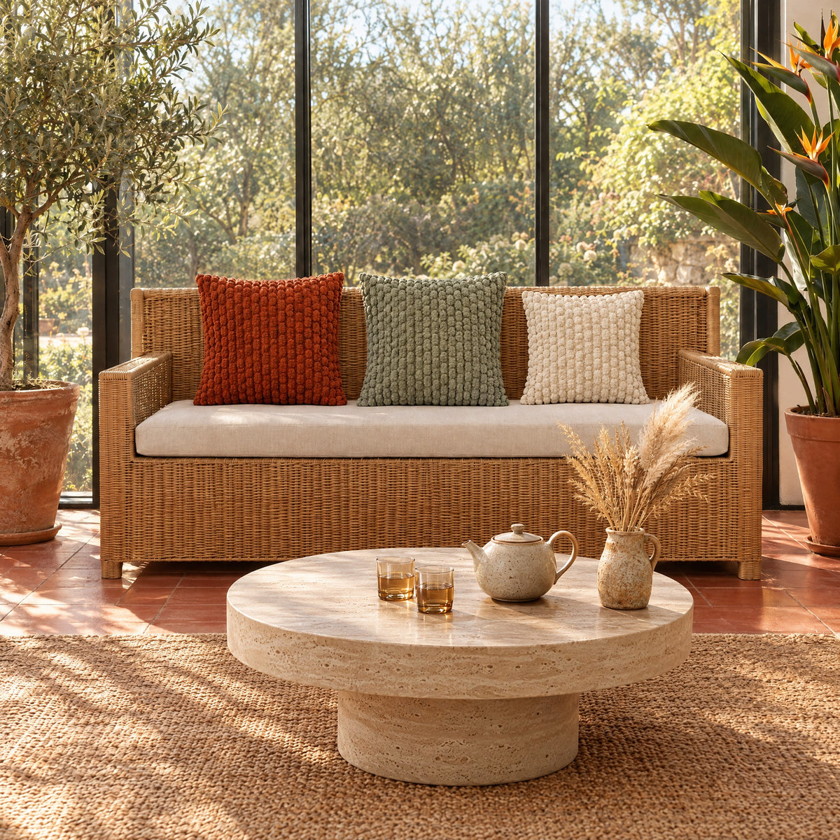 PATCHWORK — coussins Terracotta 45 cm, Vert sauge 45 cm et Crème 40 cm sur une banquette en rotin dans une véranda
