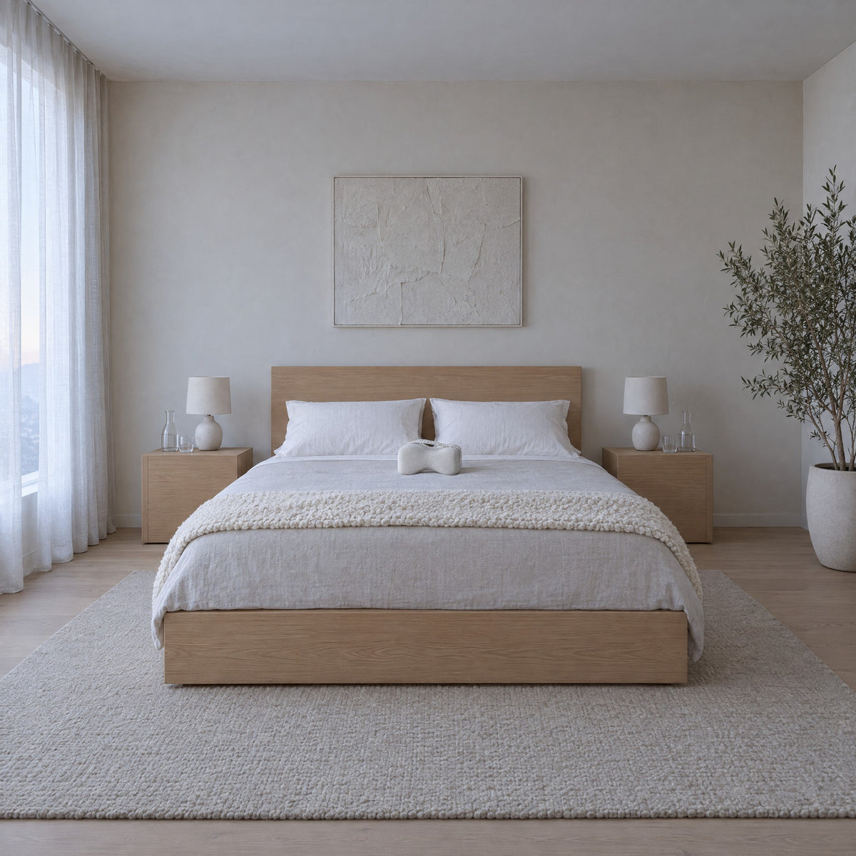 Chambre apaisante avec le coussin de jambes GENOU blanc posé sur le lit