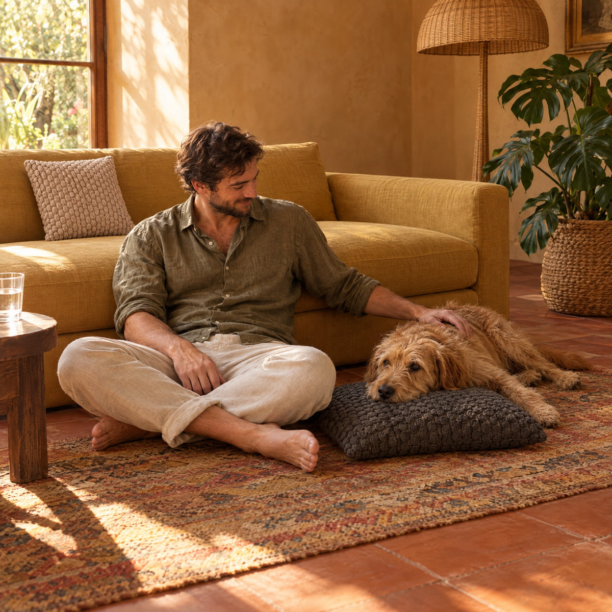 PATCHWORK — homme assis sur le tapis avec son chien couché sur un coussin Gris foncé 45 cm, coussin Beige sable 40 cm sur le canapé
