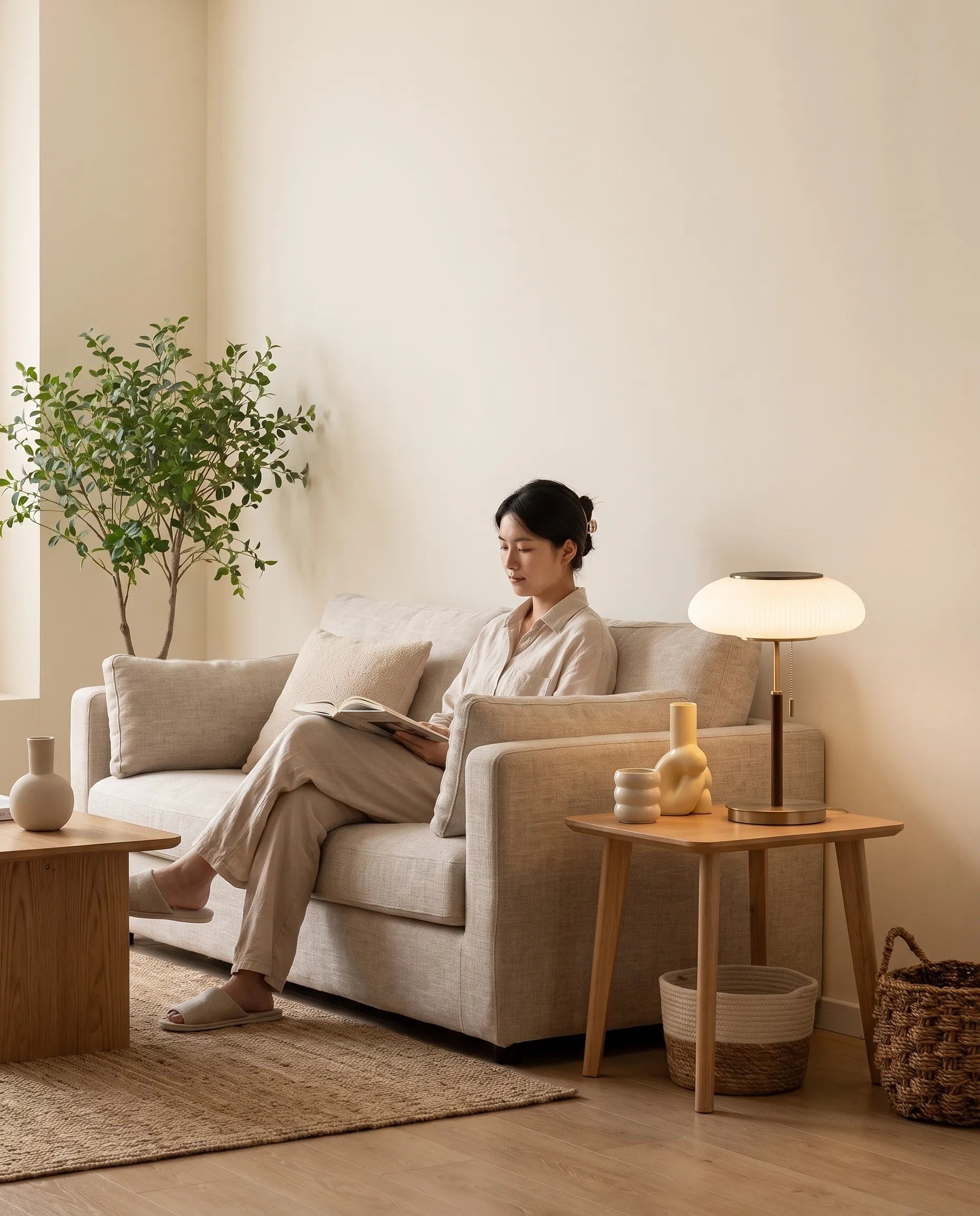 Atelier, lampe à poser en verre opalin et laiton dans un intérieur lumineux et épuré | Maison Beaurel