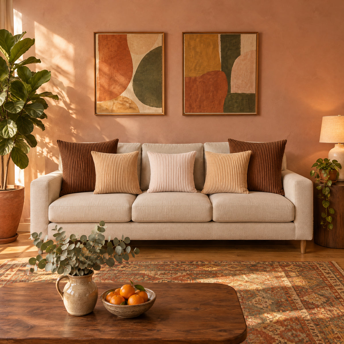 CANNELE — coussins Café 60 cm, Beige 50 cm et Crème 45 cm sur un canapé