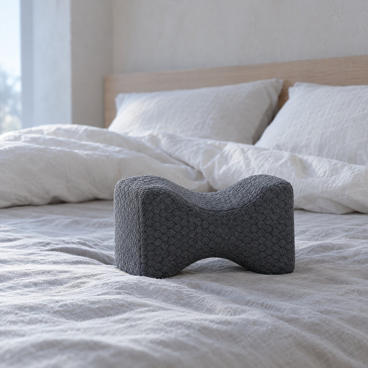 Coussin de jambes GENOU gris foncé sur un lit défait au petit matin