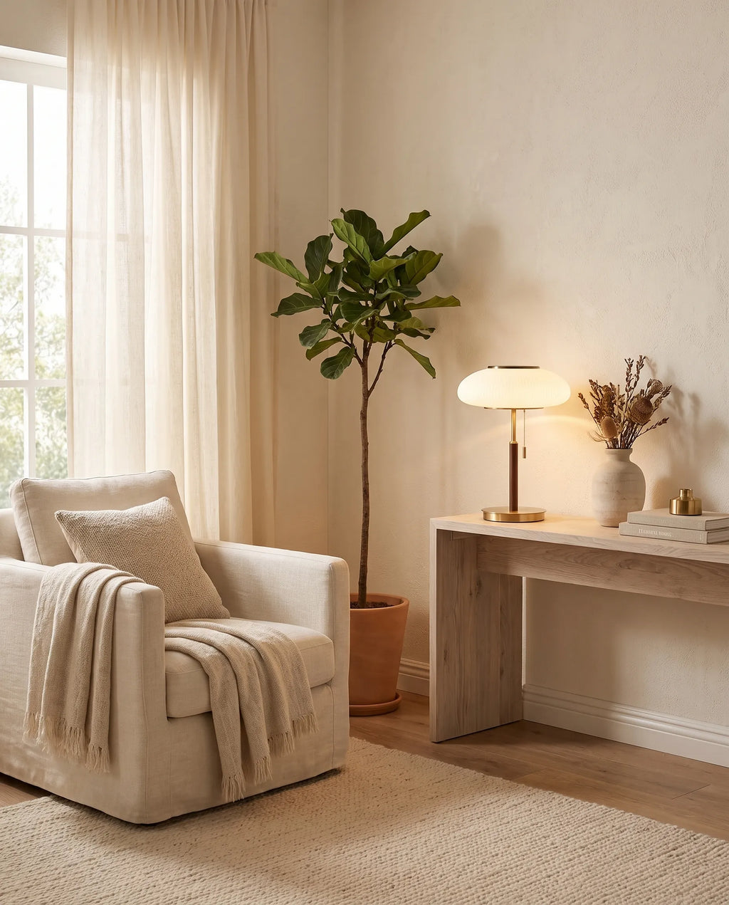 Atelier, lampe à poser en verre opalin et laiton, ambiance intérieure signée Maison Beaurel