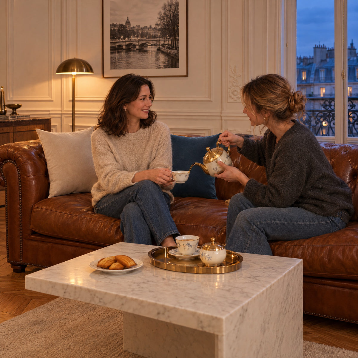 Deux amies prennent le thé sur un canapé avec des coussins en velours ÉMERAUDE beige et bleu nuit