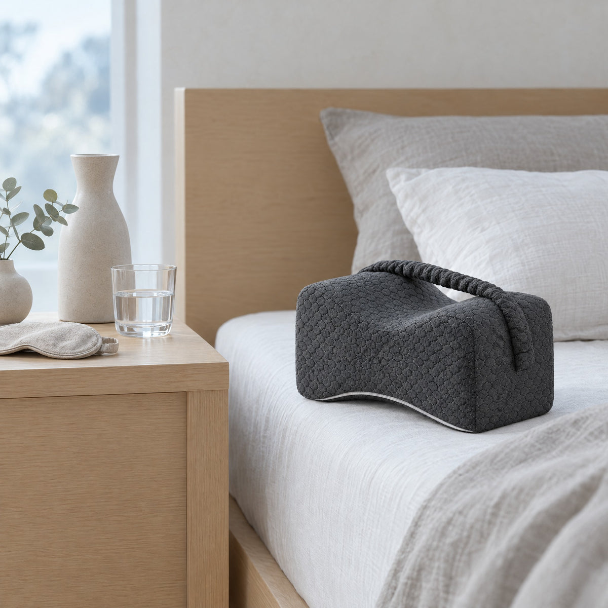 Coussin de jambes GENOU gris foncé avec sangle au bord du lit, près du chevet