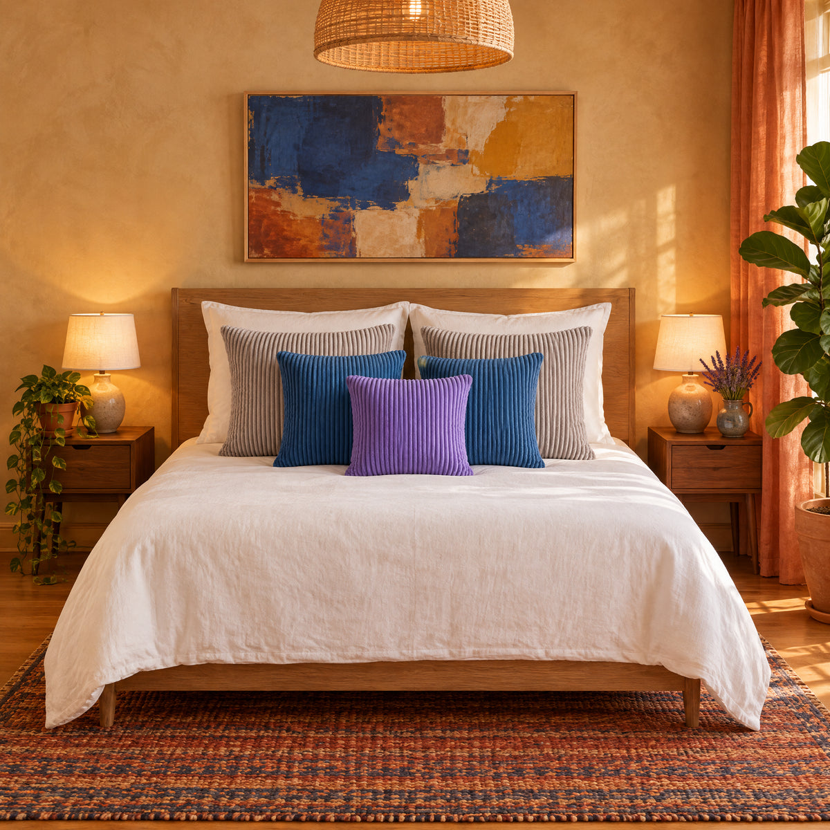 CANNELE — coussins Gris clair 60 cm, Bleu jean 45 cm et Lavande 40 cm sur un lit