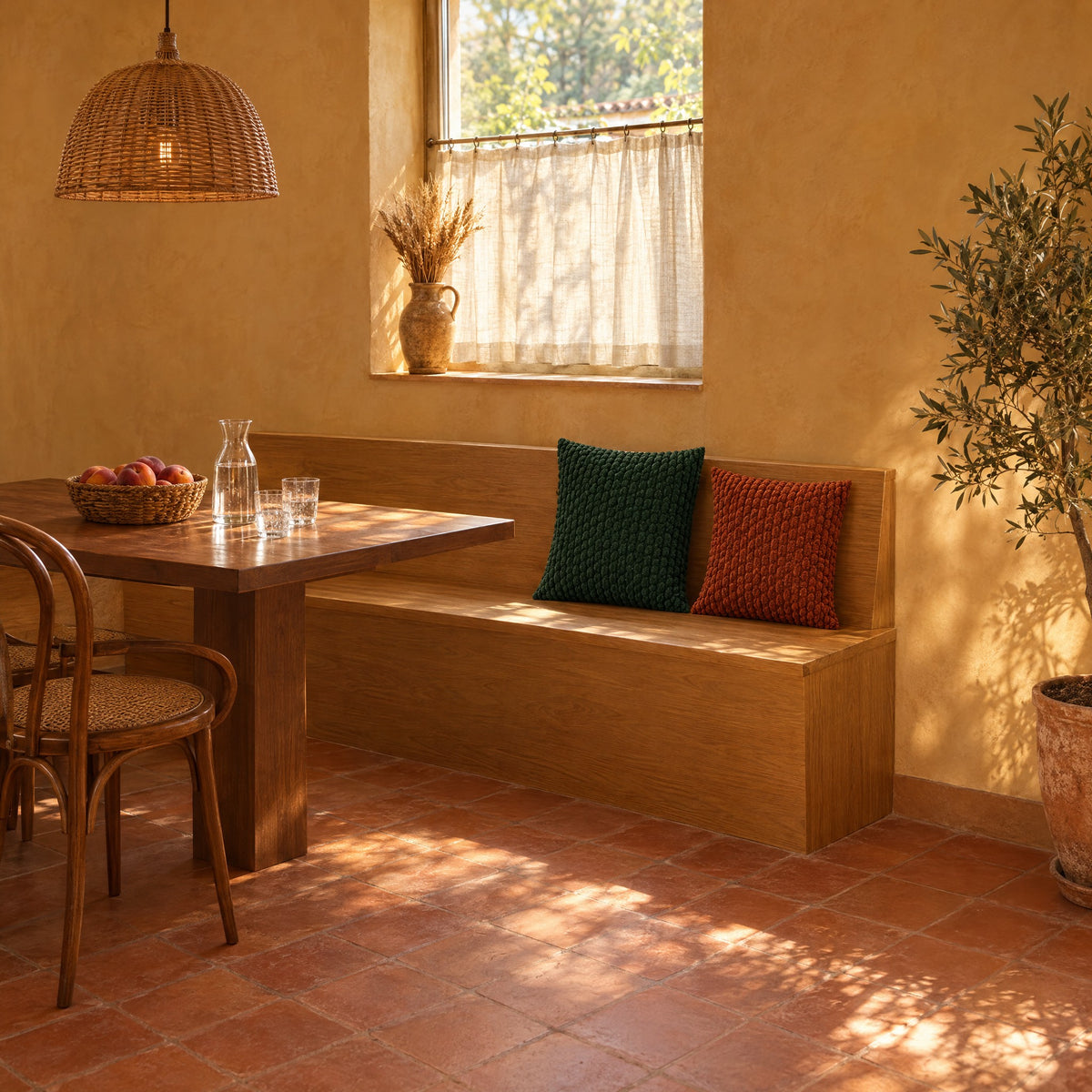 PATCHWORK — coussins Vert sapin 45 cm et Terracotta 40 cm sur la banquette d'un coin repas