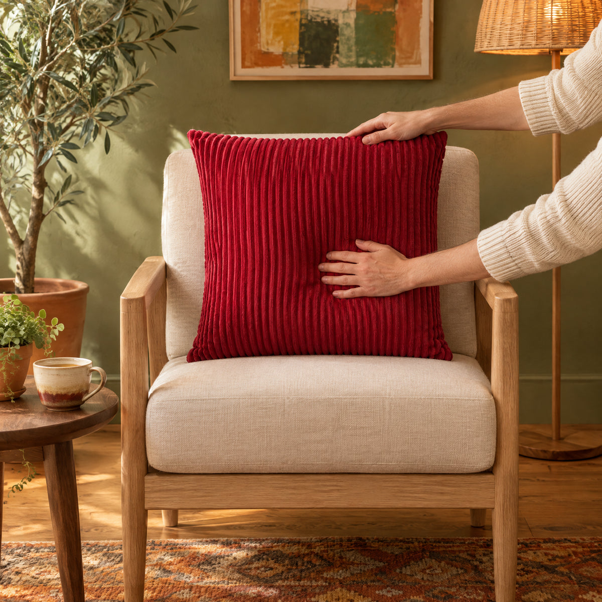 CANNELE — coussin Rouge 50 cm sur un fauteuil