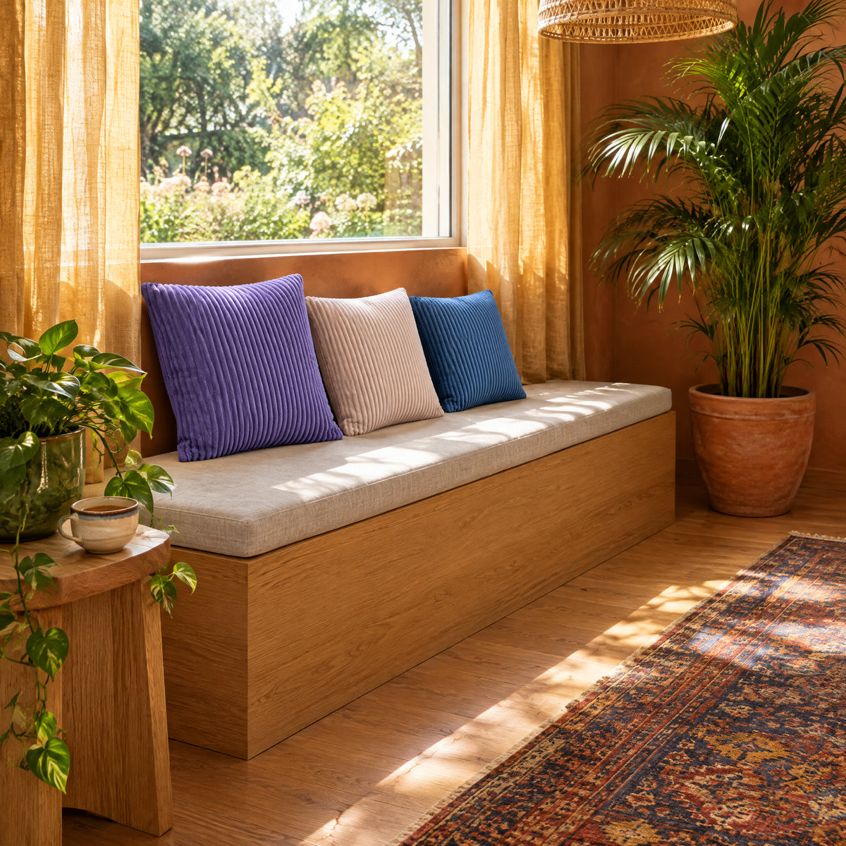 CANNELE — coussins Lavande 50 cm, Crème 45 cm et Bleu jean 40 cm sur une banquette