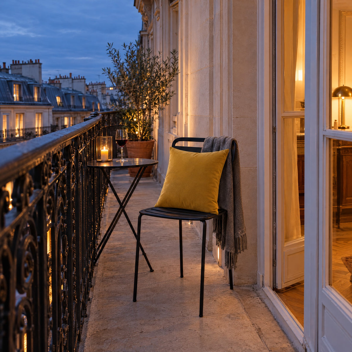 Housse de coussin en velours ÉMERAUDE moutarde sur une chaise de balcon à Paris