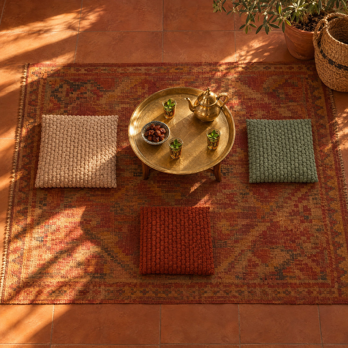 PATCHWORK — coussins Beige sable 45 cm, Vert sauge 40 cm et Terracotta 40 cm posés au sol autour d'un plateau à thé
