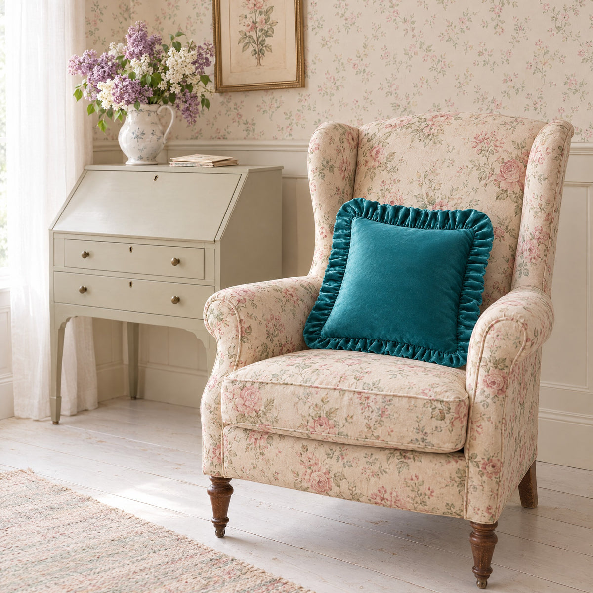 Coussin RUCHE Bleu canard sur une bergère fleurie