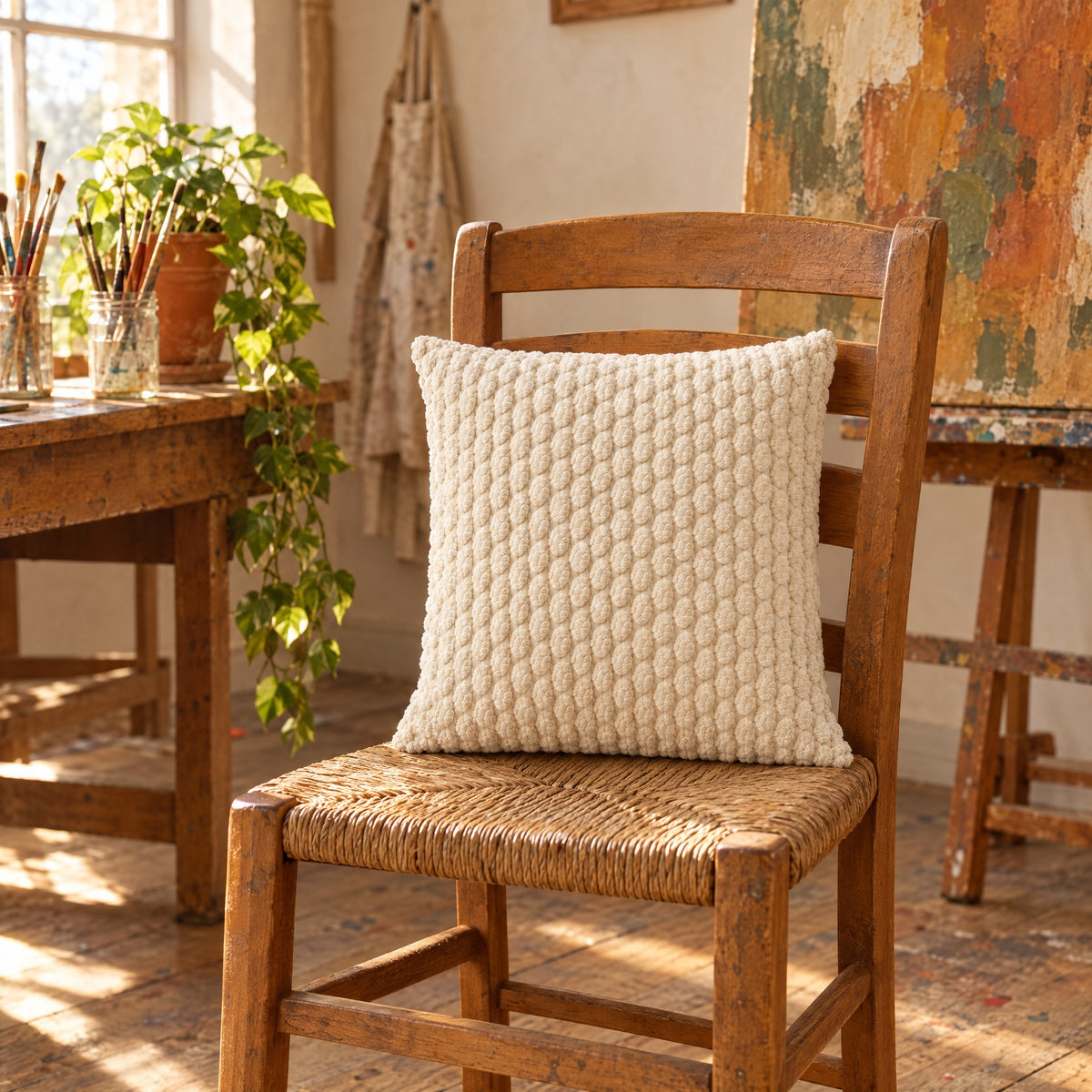 PATCHWORK — coussin Crème 40 cm sur une chaise en bois et paille dans un atelier