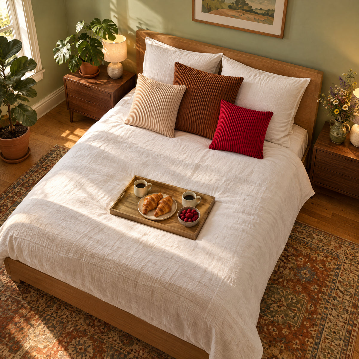 CANNELE — coussins Café 60 cm, Beige 45 cm et Rouge 40 cm sur un lit