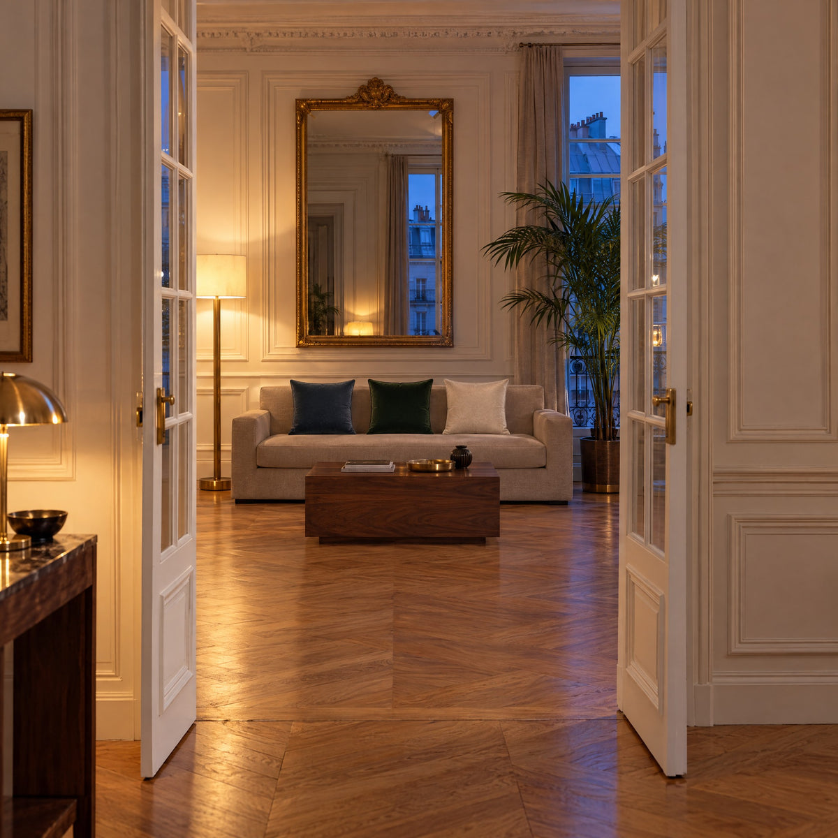 Canapé avec coussins en velours ÉMERAUDE bleu nuit, vert sapin et beige vu à travers une double porte