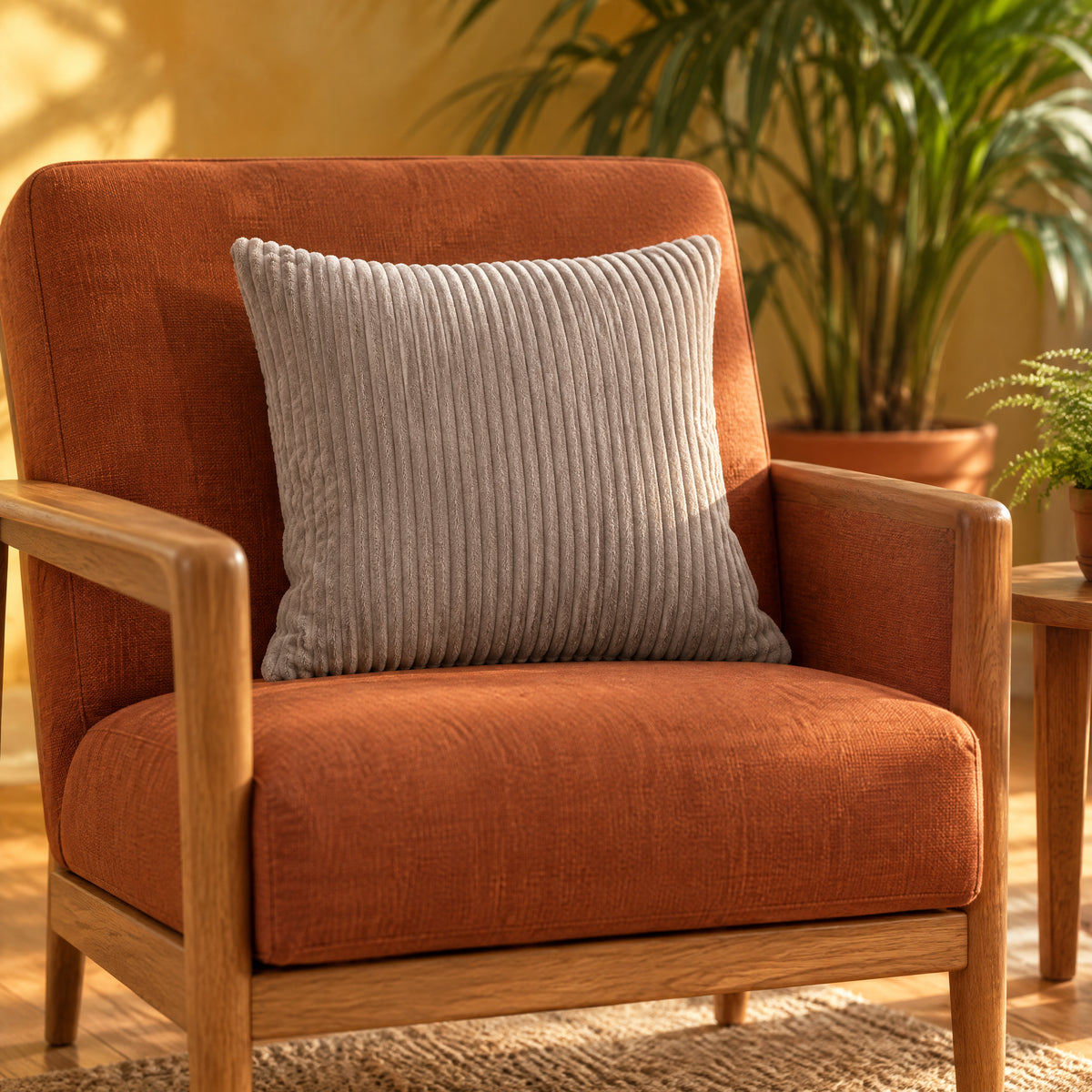 CANNELE — coussin Gris clair 45 cm sur un fauteuil