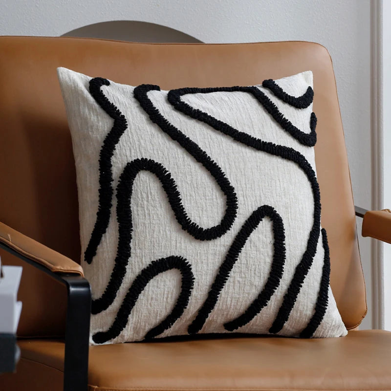 CHENILLE — Housse de coussin en chenille à lignes abstraites, coloris Noir