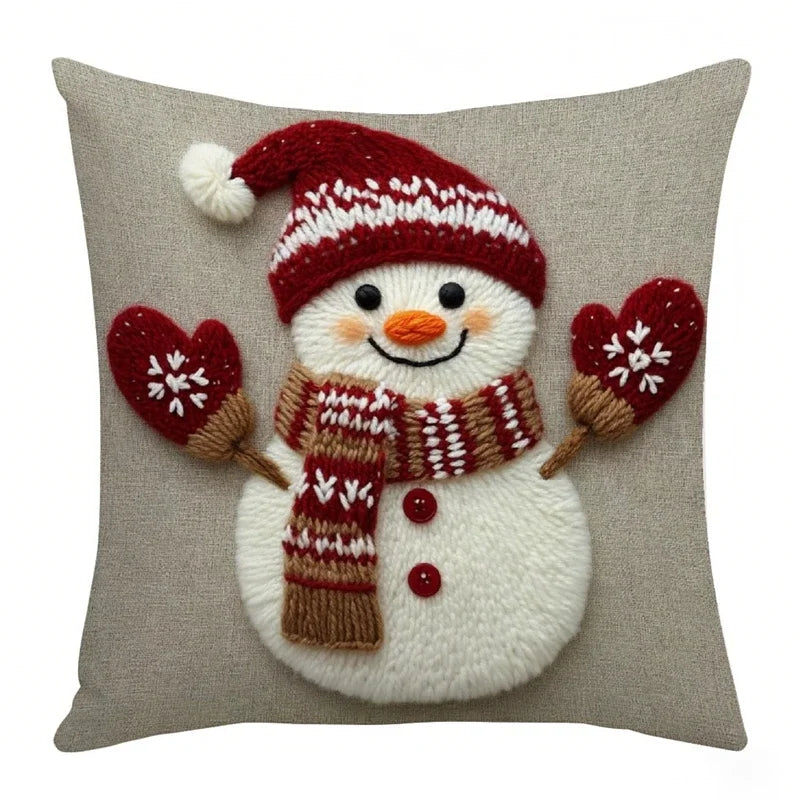 RENNE — Housse de coussin de Noël bonhomme de neige à écharpe et bonnet rouges