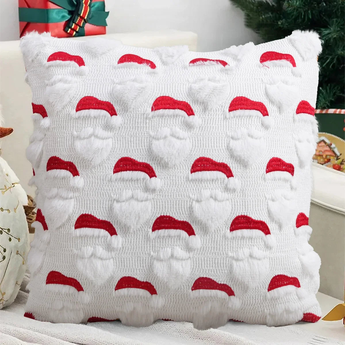 HOUX — Housse de coussin de Noël blanche à bonnets de Père Noël rouges en relief