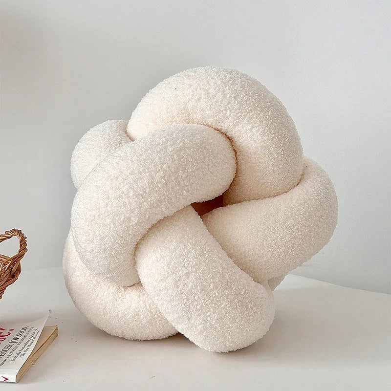 AGNEAU — Coussin boule noué effet laine d'agneau, coloris Crème