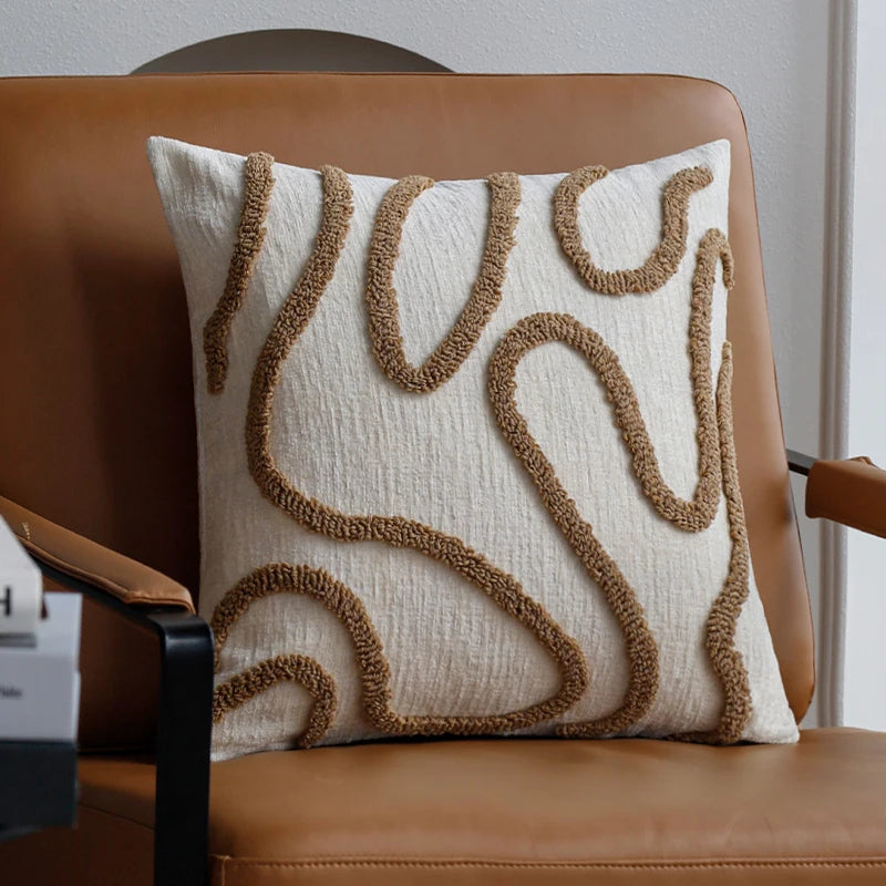 CHENILLE — Housse de coussin en chenille à lignes abstraites, coloris Café