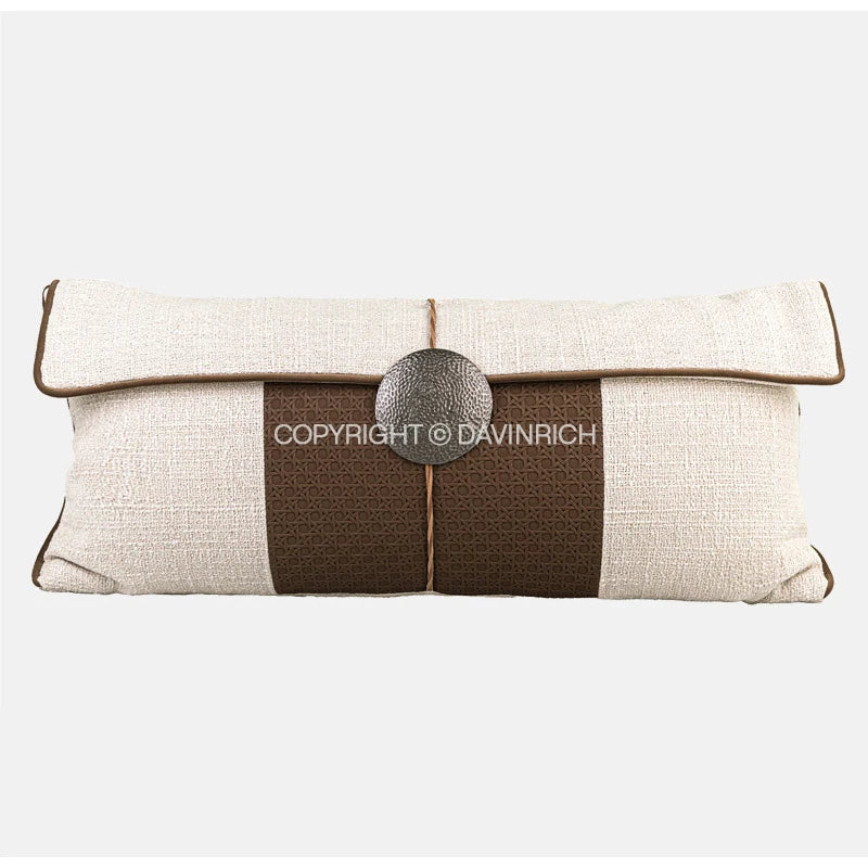KYOTO — Housse de coussin en bouclette style wabi-sabi, modèle Blanc à bande brune (30x65 cm)