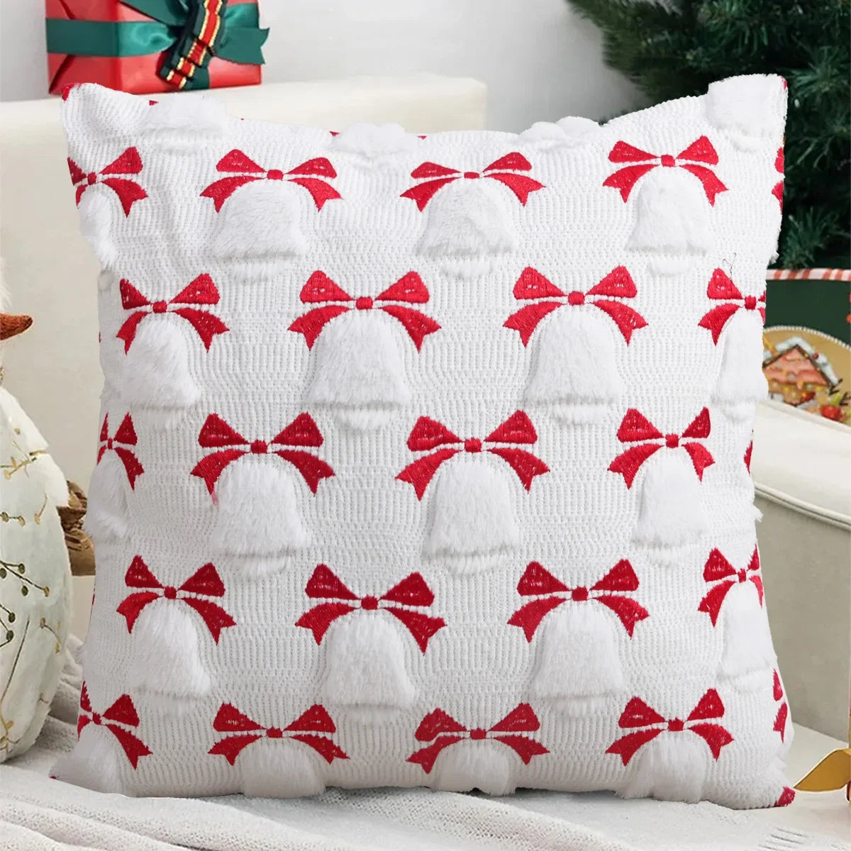 HOUX — Housse de coussin de Noël blanche à cloches et nœuds rouges en relief