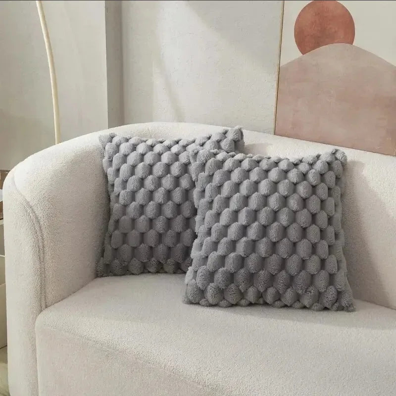 NEIGE — Deux housses de coussin en peluche douce à relief 3D, coloris Gris