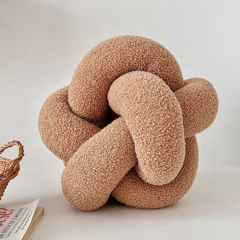 AGNEAU — Coussin boule noué effet laine d'agneau, coloris Camel