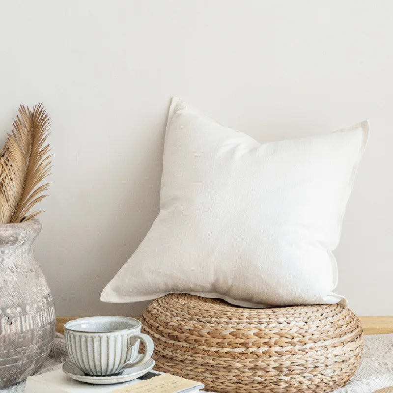 LINETTE — Housse de coussin en coton et lin à bordure plate, coloris Blanc