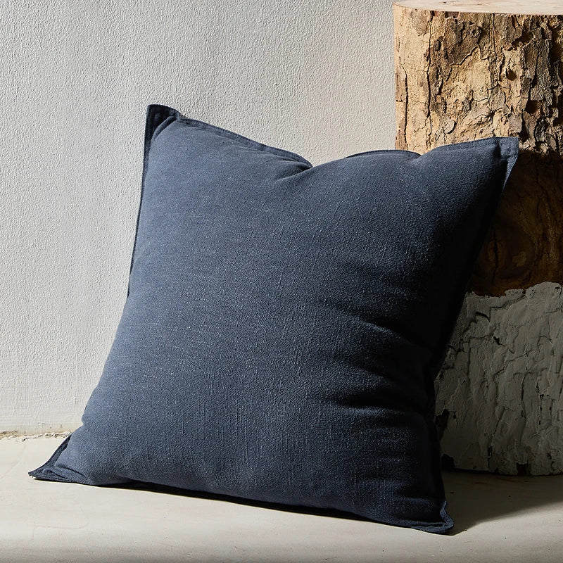 LINETTE — Housse de coussin en coton et lin à bordure plate, coloris Bleu marine