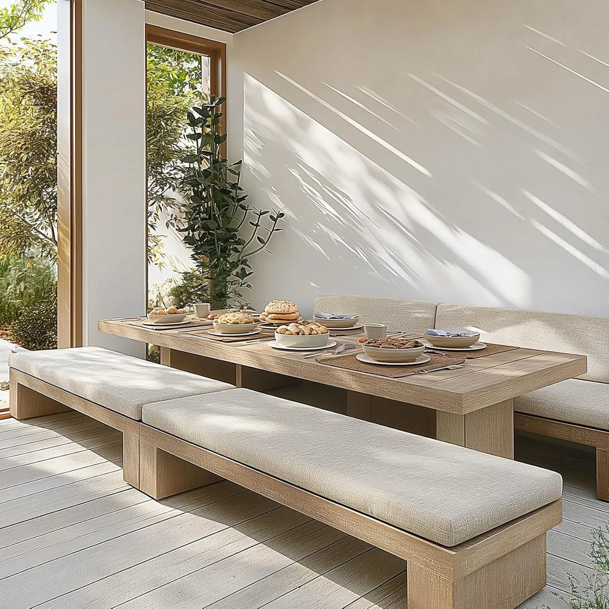 BANQUETTE — Coussin de banc crème posé sur un banc bas en bois devant une table dressée
