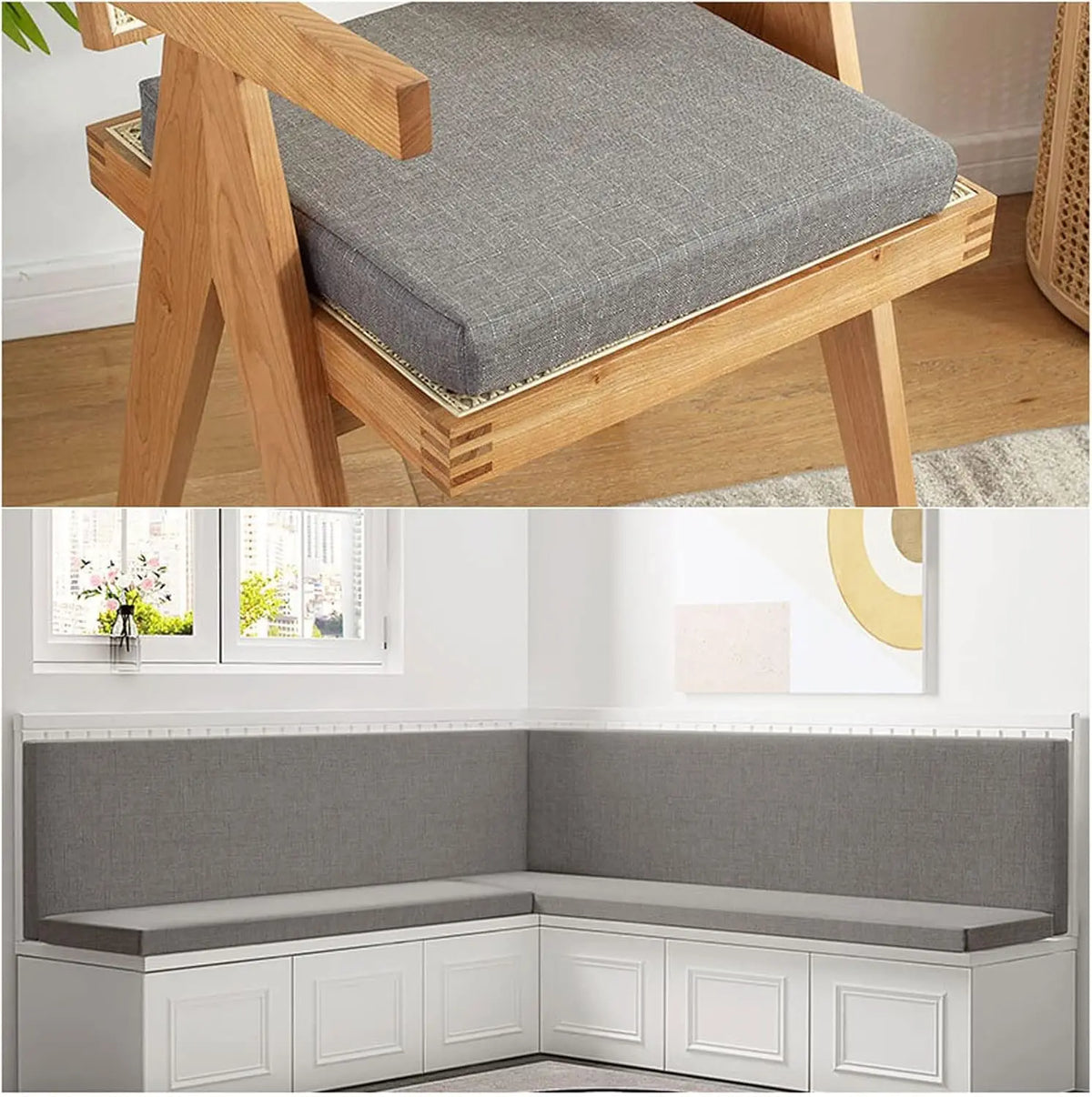BANQUETTE — Coussin d'assise gris sur une chaise en bois et coussin de banquette gris dans un coin repas