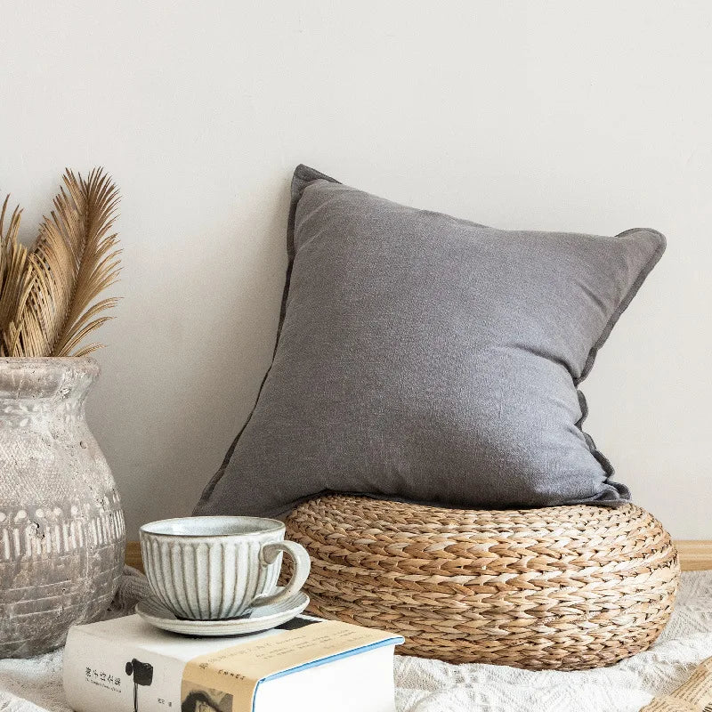 LINETTE — Housse de coussin en coton et lin à bordure plate, coloris Gris clair
