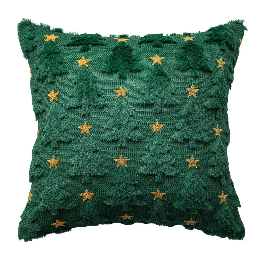 HOUX — Housse de coussin de Noël verte à sapins en relief et étoiles dorées, vue de face
