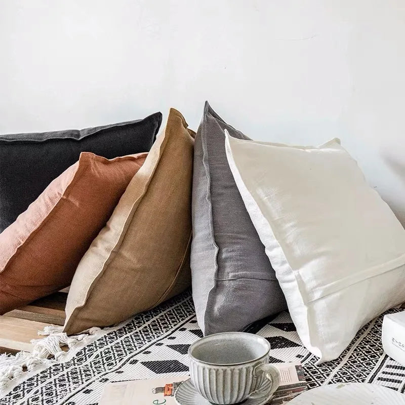 LINETTE — Housses de coussin en coton et lin à bordure plate, coloris assortis, en pile