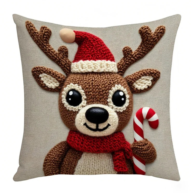 RENNE — Housse de coussin de Noël renne à bonnet rouge et canne en sucre d'orge