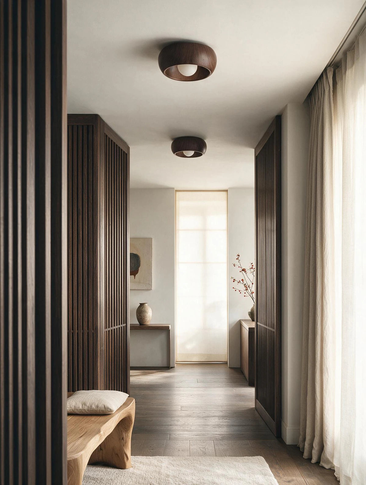 NID, plafonnier dôme en bois, finition Noyer, deux luminaires dans un couloir | Maison Beaurel