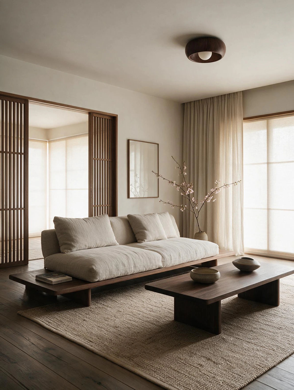 NID, plafonnier dôme en bois, finition Noyer, dans un salon japandi | Maison Beaurel