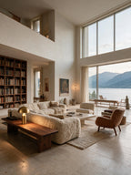 Lampe champignon CÈPE dorée sur une table basse, salon avec bibliothèque — Maison Beaurel