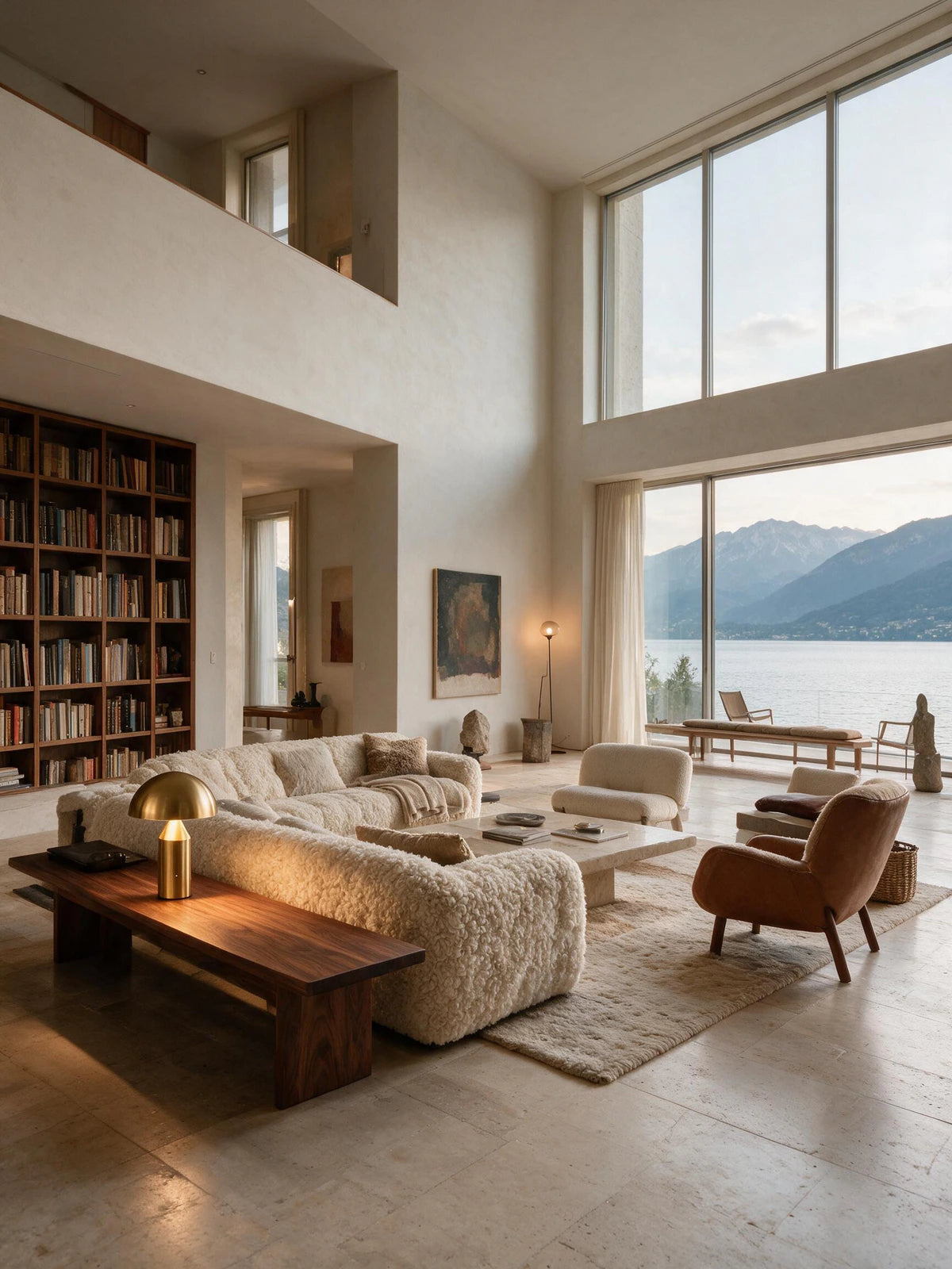 Lampe champignon CÈPE dorée sur une table basse, salon avec bibliothèque — Maison Beaurel