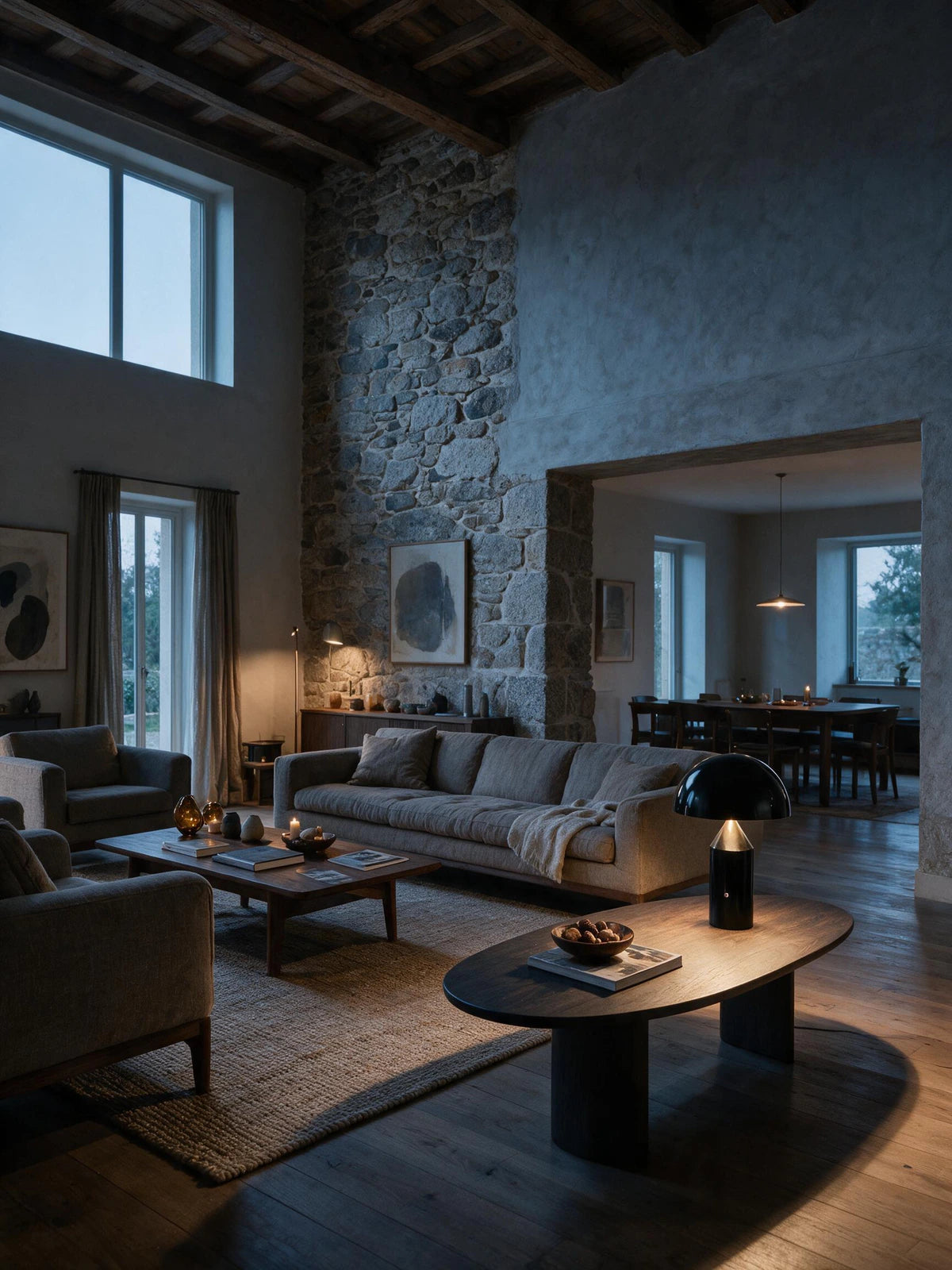 Lampe champignon CÈPE en métal noir sur une table basse, salon contemporain — Maison Beaurel