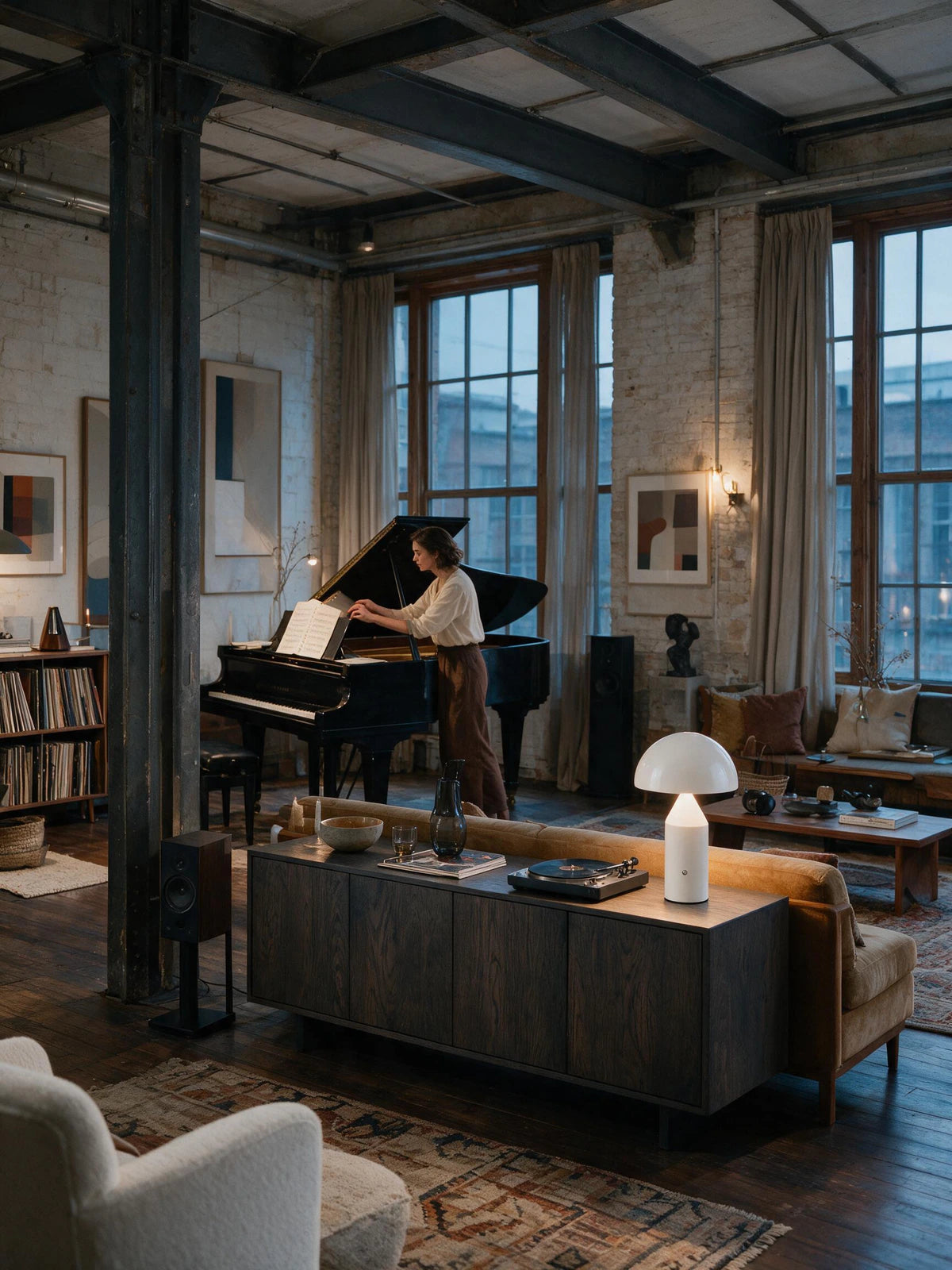 Lampe champignon CÈPE blanche dans un loft, ambiance musicale — Maison Beaurel